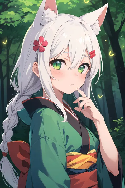 1girl, green eyes, chibi, animal ears, hair ornament, bangs, blush, hair between eyes, animal ear fluff, long hair, closed mouth, braid, nature, outdoors, upper body, hand on own chin, green kimono, water drop, plant, forest, day, hairclip, white hair, hand up, clover hair ornament,Fireflies