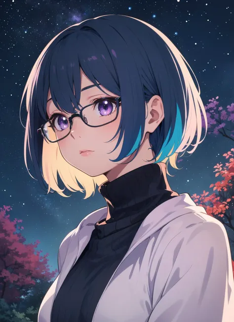 female character,galaxy-themed clothing,turtleneck sweater,glasses,short hair,blue hair with a hint of purple,big round eyes,light abstract background,stars,constellations,trees silhouettes,vibrant colors,celestial,whimsical,portrait,colorful,modern art,Illustration,