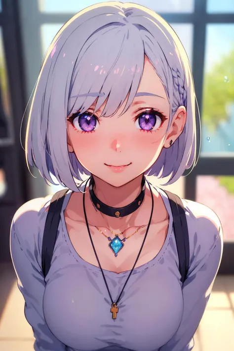 1girl, gorgeous,stunning,symmetrical face,blushing,iridescent grey hair,short hair,bob cut,beautiful eyes,detailed eyes,purple eyes,perfect round eyes,light blue shirt,necklace,smile expression,sakura leaves,(third person view,outside the window:1.3),looking at viewer,(depth of field,blurry,blurry background,bokeh:1.2)