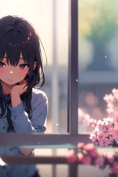 a girl, (out the window:1.1), (outside view:1.1), From the third person, fluttering petals, (depth of field, blurry, blurry background, bokeh:1.2)