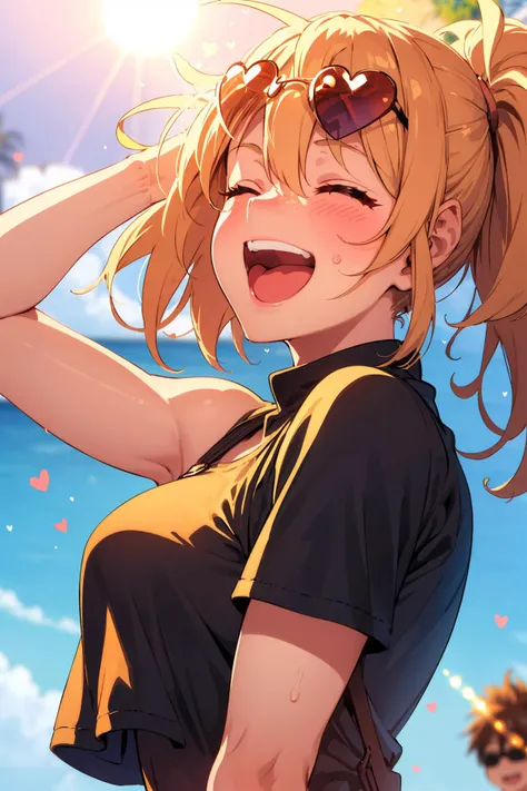 a girl, medium breasts,upper body, (sunglasses:1.1), (huge Laughing:1.1), (open mouth:1.1), closed eyes, sun glare, bokeh, depth of field, blurry background, light particles, strong wind, (heart particles:1.2)