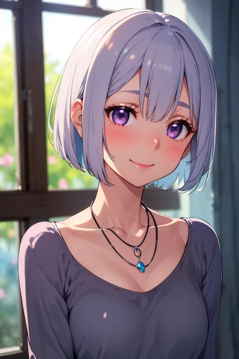 1girl, gorgeous,stunning,symmetrical face,blushing,iridescent grey hair,short hair,bob cut,beautiful eyes,detailed eyes,purple eyes,perfect round eyes,light blue shirt,necklace,smile expression,fluttering petals,(frum the third person,outside the window:1.3),looking at viewer,(depth of field,blurry,blurry background,bokeh:1.2)