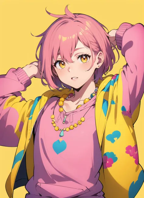 ((a man, pink short hair)) ((Pure pink and yellow background)),A vibrant young man in his early twenties stands confidently,floral jacket. His tattooed arms and beaded necklaces complement his pink hoodie,exuding a lively,retro vibe