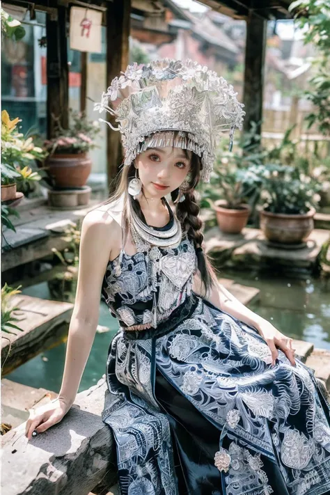 Blur_ Foreground, depth_ Of_ Field, blur_ Background, photo_\ (Medium ), braid, 1Girl, 3D, floral print, twin_ Braids, hat, bangs, red dress, white flowers, bracelet, sleeveless, blunt edge, single person, cosplay_ Photo, plant, white order, garden, sleeveless dress, flower, looking_ At_ Viewer,(Ultra-realistic 8k CG: 1.2), perfect artwork, exquisite patterns, intricate details, (unparalleled masterpiece, best quality: 1.2), (extremely complex: 1.2), <lora:miaojiangshaonv:1>, <lora:ç»èè°æ´ add_detail:0.8>, <lora:[LoHa] Pastlight æå Concept Style:0.7>