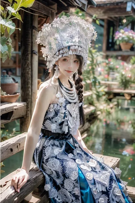 Blur_ Foreground, depth_ Of_ Field, blur_ Background, photo_\ (Medium ), braid, 1Girl, 3D, floral print, twin_ Braids, hat, bangs, red dress, white flowers, bracelet, sleeveless, blunt edge, single person, cosplay_ Photo, plant, white order, garden, sleeveless dress, flower, looking_ At_ Viewer,(Ultra-realistic 8k CG: 1.2), perfect artwork, exquisite patterns, intricate details, (unparalleled masterpiece, best quality: 1.2), (extremely complex: 1.2), <lora:miaojiangshaonv:1>, <lora:ç»èè°æ´ add_detail:0.8>, <lora:[LoHa] Pastlight æå Concept Style:0.7>