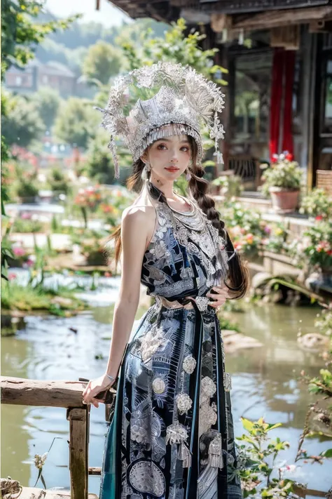 Blur_ Foreground, depth_ Of_ Field, blur_ Background, photo_\ (Medium ), braid, 1Girl, 3D, floral print, twin_ Braids, hat, bangs, red dress, white flowers, bracelet, sleeveless, blunt edge, single person, cosplay_ Photo, plant, white order, garden, sleeveless dress, flower, looking_ At_ Viewer,(Ultra-realistic 8k CG: 1.2), perfect artwork, exquisite patterns, intricate details, (unparalleled masterpiece, best quality: 1.2), (extremely complex: 1.2), <lora:miaojiangshaonv:1>, <lora:ç»èè°æ´ add_detail:0.8>, <lora:[LoHa] Pastlight æå Concept Style:0.7>