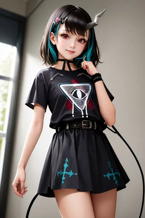 (masterpiece, best quality:1.2), <lyco:sugarlyric_shishio-12:1.0>, cowboy shot, solo, 1girl, shishioshirt, smile, lookiing at viewer, one side up, black dress, short sleeves, single thighhigh, blue thighhighs, striped, belt, demon tail