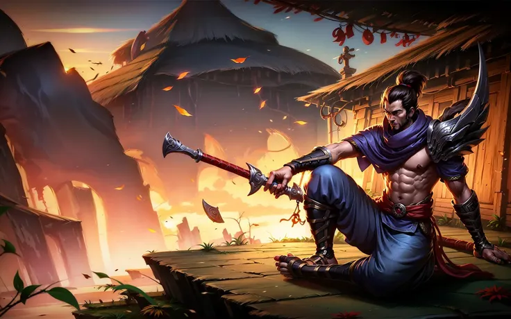 a man sitting on the ground with a sword in her hand and a house in the background with a fire coming out of it, (holding:0.555), (leaf:0.624), (male focus:0.526), (mountain:0.809), (outdoors:0.625), (sandals:0.686), (sky:0.583), (solo:0.538), (sunset:0.800), (sword:0.807), (water:0.524), (weapon:0.950)