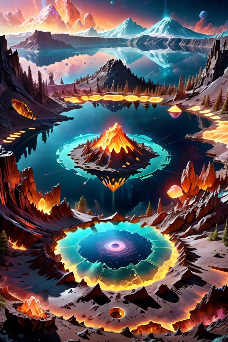 ((best quality)), ((masterpiece)), ((realistic,digital art)), (hyper detailed),DonMBl00mingF41ryXL UraniumTechAI Crater Lake Petroglyph,Astral Projection, octane rendering, raytracing, volumetric lighting, Backlit,Rim Lighting, 8K, HDR, <lora:UraniumTechAI:0.65> <lora:DonMBl00mingF41ryXL:0.6>