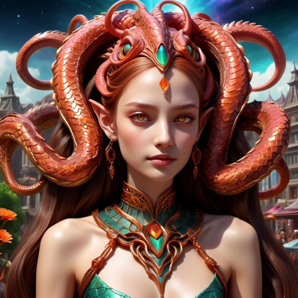 ((best quality)), ((masterpiece)), ((realistic,digital art)), (hyper detailed),DonMBl00mingF41ryXL female Naga, mythical serpent humanoid being, serpentine lower bodies, human upper body, "dangerous, unpredictable", fantasy, Young adult, Firm, Native American, Honey eyes, Flat Nose, Low Cheekbones, Asymmetrical Forehead, Rectangular face shape, , Light Auburn Long and straight hair, Hope, Drawing energy from the earth with roots, connecting to the natural world, Seer, (Enveloping,Teleportation,Dark Spore Print Ethereal,Pulse,Arcane ,Interactive Holographic Building Skins,Gesso (for priming surfaces) Translation,Brownian motion,Supersolid,Laser Skies,Cuboid magic:1.0) Shadow Manipulation (creating and controlling shadows) , Drawing energy from the earth with roots, connecting to the natural world, Enchanting Luminescence, Enchanted Moonlight, A vibrant street market, with vendors showcasing their unique crafts and products, raytracing, HDR,8K<lora:DonMBl00mingF41ryXL-000005:0.75>
