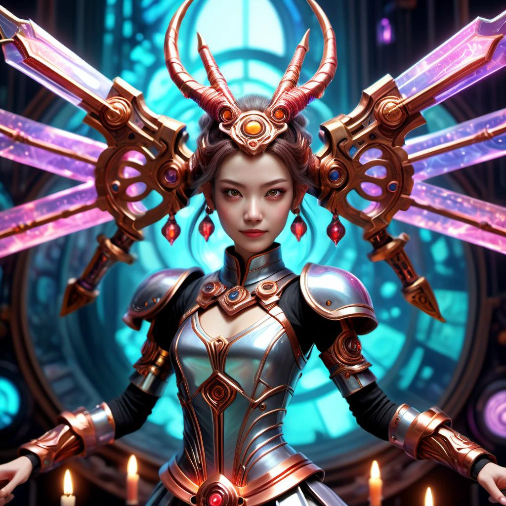 ((best quality)), ((masterpiece)), ((realistic,digital art)), (hyper detailed),DonMBl00mingF41ryXL female Techno Ronin, Virtual Constructs, Digital entities existing purely in virtual reality, taking on various forms and functions, Middle-aged, Builky, East Asian, Violet eyes, Large Ears, Symmetrical Forehead, Unusual face shape, Elegant Wrists, Scars, Brown Pompadour hair, Smile, Virtual Reality Combat, Character takes a defensive stance with legs spread apart, arms raised to block incoming virtual attacks, wearing Organza Ruffled Light gray Neural Lace Skater Skirt, Polyester Gingham Quantum-Vinyl Bell Bottoms, , , , Arms folded, conveying defensiveness, Holographic Virtual Reality Chamber, Time-Turner,Flying Broomstick,Wand,Candles, Soumak Weave tapestry, Oil Lamps, Fiber Optic Lighting, cyberpunk, sci-fi, raytracing, HDR,8K<lora:DonMBl00mingF41ryXL-000005:0.75>