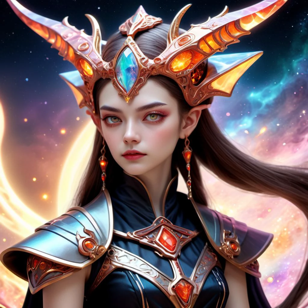 ((best quality)), ((masterpiece)), ((realistic,digital art)), (hyper detailed),DonMBl00mingF41ryXL female Demon, Malevolent supernatural being, evil, chaos, infernal, powerful entity, corrupt,harm full, fantasy, Legal age, Curvy, Middle Easterner, Black eyes, Narrow Chin, Square Jaw, Curved Forehead, Rectangular face shape, Graceful Clavicle, , Brunette Low ponytail hair, Admiration, Channeling Pose, Opening oneself as a vessel for otherworldly entities, wearing Enchanter's Skort, Enthrallment and Iron Witch's Cloaks , Flip-flops, Fascinator hat, andRucksack with Hydration System Gleam (Plasma,Precognition,Nanotechnology,Cylinder,Square ,Horizontal lines,Drifting magic:1.0), Kneeling with arms outstretched, calling upon higher forces, Astral Gleam, Transcendent Glow, A meteor shower, with streaks of light and the anticipation of a celestial spectacle, raytracing, HDR,8K<lora:DonMBl00mingF41ryXL-000005:0.75>