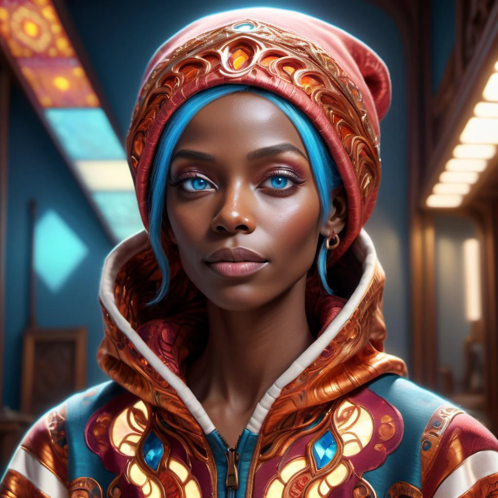 ((best quality)), ((masterpiece)), ((realistic,digital art)), (hyper detailed),DonMBl00mingF41ryXL female Elderly, Refined, African, Blue eyes, Wide Nose, Square Jaw, High Forehead, Smoky eye makeup , Auburn Pompadour hair, Surprise wearing Cropped leggings, Hoodie, , , Lanyard and and, Sitting with legs crossed, appearing relaxed and open-minded, Courtyard, Cutting Board, Laid-in Weft Patterning tapestry, Sunlight through Skylights, Laser Lights, raytracing, HDR,8K<lora:DonMBl00mingF41ryXL-000005:0.75>