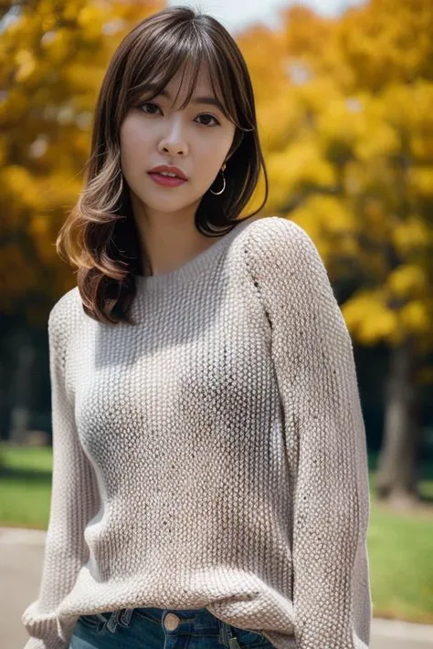 1girl,(wearing a sweater:1.2),(RAW photo, best quality), (realistic, photo-realistic:1.4), masterpiece, an extremely delicate and beautiful, extremely detailed, 2k wallpaper, Amazing, finely detail, extremely detailed CG unity 8k wallpaper, ultra-detailed, highres, soft light, beautiful detailed girl, extremely detailed eyes and face, beautiful detailed nose, beautiful detailed eyes,cinematic lighting,at a park,ginkgo trees in autumn,perfect anatomy,slender body, <lora:sashihararino_lora:0.8>