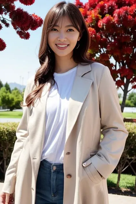 1girl,(wearing a tshirt and long coat:1.2),(RAW photo, best quality), (realistic, photo-realistic:1.4), masterpiece, an extremely delicate and beautiful, extremely detailed, 2k wallpaper, Amazing, finely detail, extremely detailed CG unity 8k wallpaper, ultra-detailed, highres, soft light, beautiful detailed girl, extremely detailed eyes and face, beautiful detailed nose, beautiful detailed eyes,cinematic lighting,at a park,ginkgo trees in autumn,perfect anatomy,slender body,  <lora:sashihararino_lora:0.8>,smile
