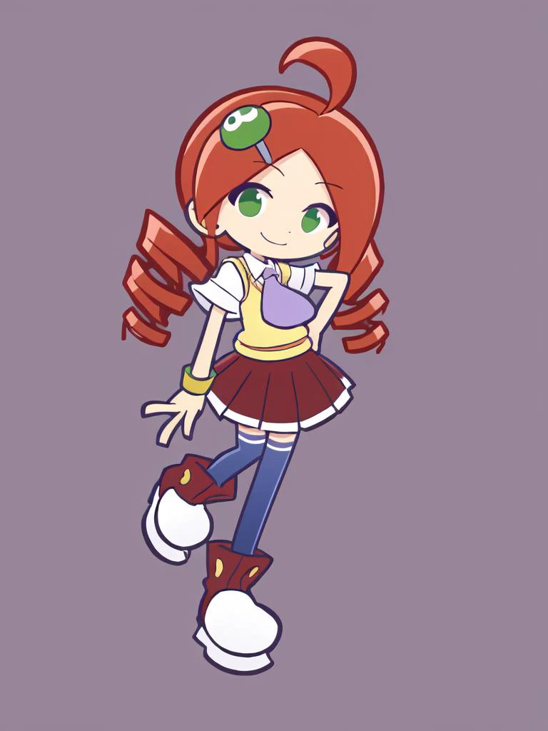 <lora:ringo:0.8:ALL> kawaii ando ringo petite cute 1girl, green eyes, character hair ornament, red hair, ahoge, twin drill, wristband +++ white skirt, cleamyellow sweater vest, red skirt, purple necktie, school uniform, navyblue thighhighs, red shoes, zettai ryouiki +++ seductive smile, upper body