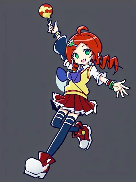 <lora:ringo:0.8> kawaii ringo petite cute 1girl, green eyes, character hair ornament, red hair, ahoge, twin drill, wristband white skirt, cleamyellow sweater vest, red skirt, purple necktie, school uniform, navyblue thighhighs, red shoes, zettai ryouiki :3