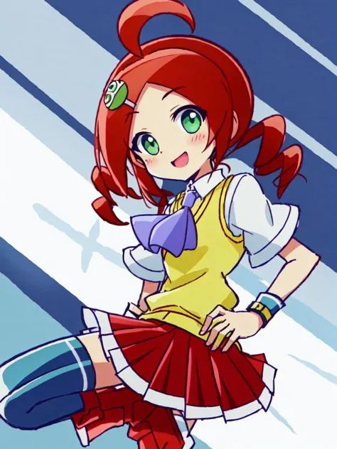 <lora:ringo:0.8> kawaii ringo petite cute 1girl, green eyes, character hair ornament, red hair, ahoge, twin drill, wristband white skirt, cleamyellow sweater vest, red skirt, purple necktie, school uniform, navyblue thighhighs, red shoes, zettai ryouiki happy