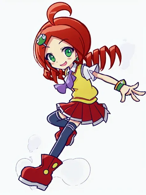 <lora:ringo:0.8> kawaii ringo petite cute 1girl, green eyes, character hair ornament, red hair, ahoge, twin drill, wristband white skirt, cleamyellow sweater vest, red skirt, purple necktie, school uniform, navyblue thighhighs, red shoes, zettai ryouiki whiskers