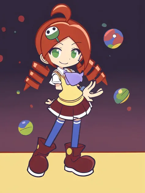<lora:ringo:0.8:ALL> kawaii ando ringo petite cute 1girl, green eyes, character hair ornament, red hair, ahoge, twin drill, wristband +++ white skirt, cleamyellow sweater vest, red skirt, purple necktie, school uniform, navyblue thighhighs, red shoes, zettai ryouiki +++ :>, wide shot from above sitting , Las Vegas bokeh, depth of field