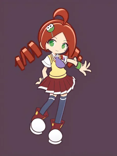 <lora:ringo:0.8:ALL> kawaii ando ringo petite cute 1girl, green eyes, character hair ornament, red hair, ahoge, twin drill, wristband +++ white skirt, cleamyellow sweater vest, red skirt, purple necktie, school uniform, navyblue thighhighs, red shoes, zettai ryouiki +++ :>, fullbody