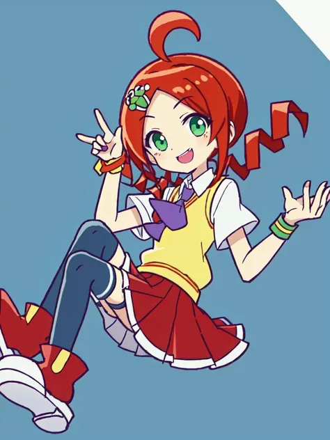 <lora:ringo:0.7> kawaii ringo petite cute 1girl, green eyes, character hair ornament, red hair, ahoge, twin drill, wristband white skirt, cleamyellow sweater vest, red skirt, purple necktie, school uniform, navyblue thighhighs, red shoes, zettai ryouiki smile