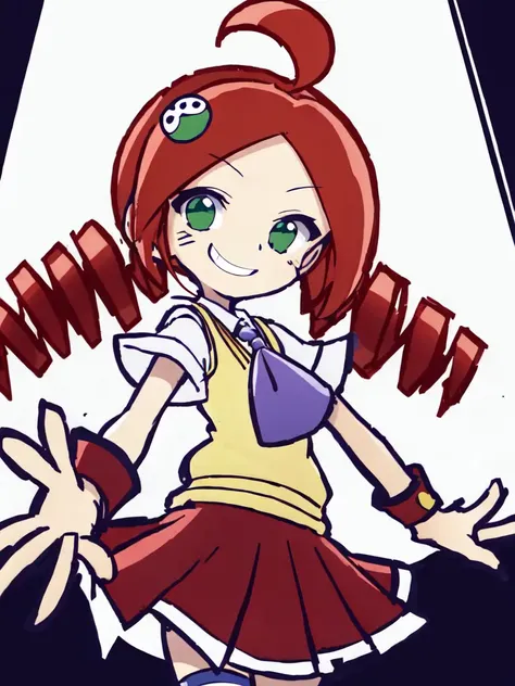 <lora:ringo:0.8:ALL> kawaii ringo petite cute 1girl, green eyes, character hair ornament, red hair, ahoge, twin drill, wristband +++ white skirt, cleamyellow sweater vest, red skirt, purple necktie, school uniform, navyblue thighhighs, red shoes, zettai ryouiki +++ (squinting eyes:1.4) smile, +++ best quality, high detailed, anime coloring game cg contrapposto ++ Faint lips,UC:realistic cute anime face cinematic angle Girl at the front single focus dynamic pose, face to tiptoe , amusement park carousel ferris_wheel bokeh, depth of field