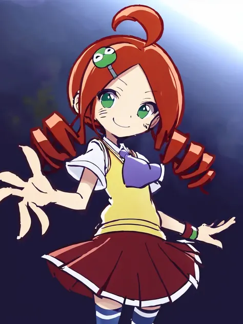 <lora:ringo:0.8:ALL> kawaii ringo petite cute 1girl, green eyes, character hair ornament, red hair, ahoge, twin drill, wristband +++ white skirt, cleamyellow sweater vest, red skirt, purple necktie, school uniform, navyblue thighhighs, red shoes, zettai ryouiki +++ (squinting eyes:1.4) smile, +++ best quality, high detailed, anime coloring game cg contrapposto ++ Faint lips,UC:realistic cute anime face cinematic angle Girl at the front single focus dynamic pose, full body , Skytree bokeh, depth of field