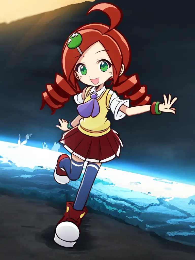 <lora:ringo:0.8:ALL> kawaii ringo petite cute 1girl, green eyes, character hair ornament, red hair, ahoge, twin drill, wristband +++ white skirt, cleamyellow sweater vest, red skirt, purple necktie, school uniform, navyblue thighhighs, red shoes, zettai ryouiki +++ :D, +++ best quality, high detailed, anime coloring game cg contrapposto ++ Faint lips,UC:realistic cute anime face cinematic angle Girl at the front single focus dynamic pose, wide shot from above sitting , Disney land bokeh, depth of field