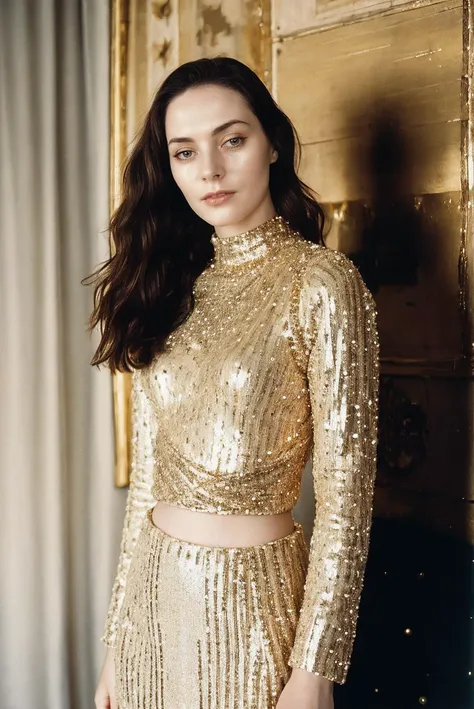a portrait photo of a beautiful pale woman, Sequined Gold Cropped sweater over a beaded drop-waist dress with T-strap heels, shot with Rolleiflex 2.8F, detailed face, detailed hair, best quality, masterpiece, (photorealistic:1.4) <lora:LucidLavender:1>