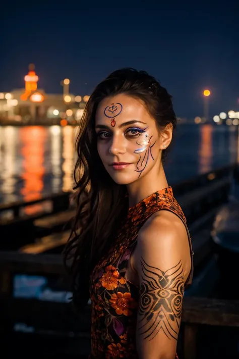 a stunning intricate full color portrait of a beautiful woman, Halloween costume and face paint, on a deserted harbor pier, having fun, Sharp Focus, low key lighting, shot on Lumix GH5, cinematic bokeh, detailed skin, <lora:LucidLavender:1>