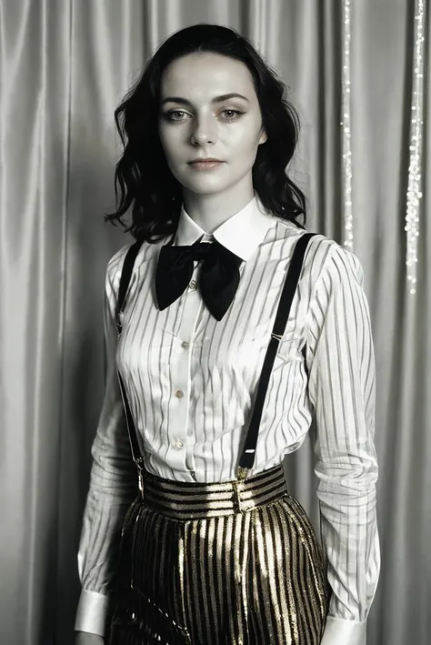 a portrait photo of a beautiful pale woman, Sequined Gold Pinstripe collared blouse, high-waisted trousers, suspenders, and a bow tie, shot with Rolleiflex 2.8F, detailed face, detailed hair, best quality, masterpiece, (photorealistic:1.4) <lora:LucidLavender:1>