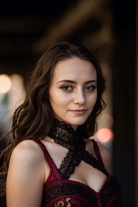 a stunning intricate full color portrait of a beautiful woman, Masquerade ball gown, at a quiet cul-de-sac, (close-up:0.8), (slight smile:0.4), Sharp Focus, low key lighting, shot on Lumix GH5, cinematic bokeh, detailed skin,   <lora:LucidLavender:1>