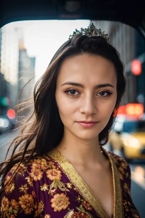 a stunning intricate full color portrait of a beautiful woman, onesie and a tiara, at a bustling intersection, embarrassed, Sharp Focus, low key lighting, shot on Lumix GH5, cinematic bokeh, detailed skin, head shot <lora:LucidLavender:1>