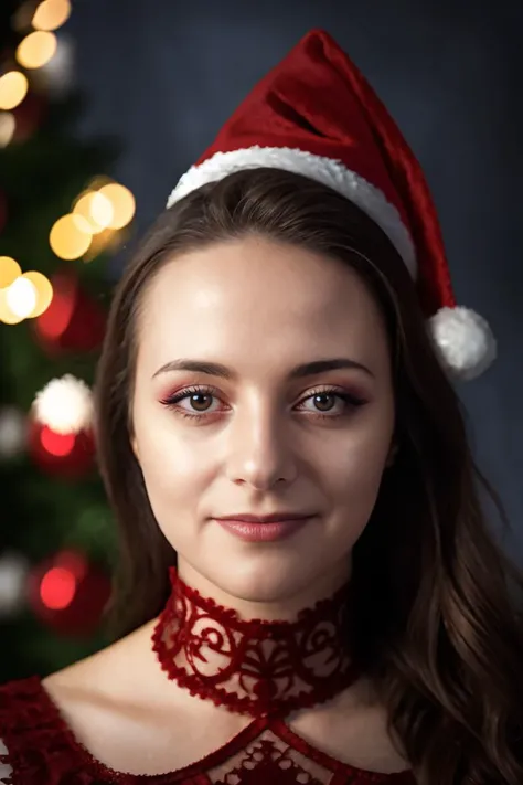 a stunning intricate full color portrait of a beautiful woman, red Masquerade ball gown, santa hat, at a quiet cul-de-sac, (close-up:0.8), (slight smile:0.4), Sharp Focus, low key lighting, shot on Lumix GH5, cinematic bokeh, detailed skin, <lora:LucidLavender:1>