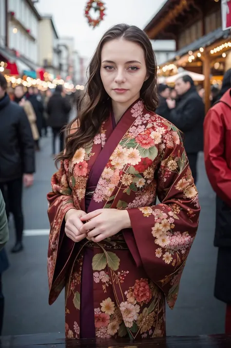 A stunning intricate full color portrait of a beautiful woman, wearing a kimono, swarming holiday market, soaking in festivities, , epic character composition,by ilya kuvshinov, alessio albi, nina masic,sharp focus, subsurface scattering, f2, 35mm, film grain <lora:LucidLavender:1>
