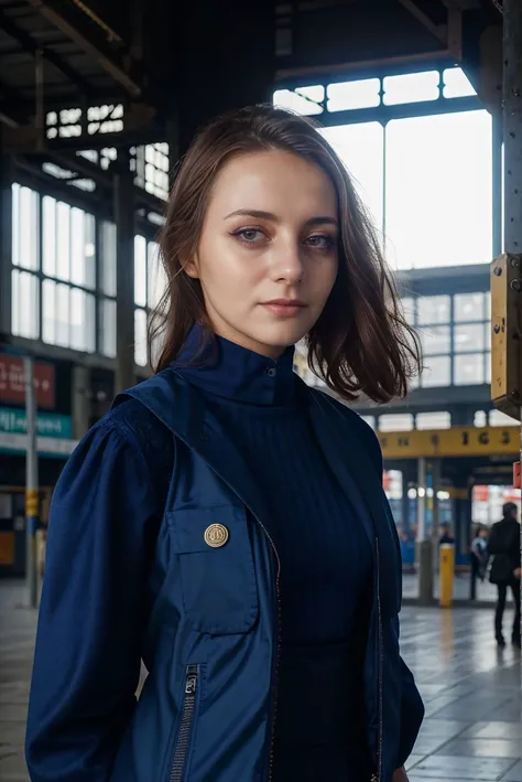 A stunning intricate full color portrait of a beautiful woman, arrayed in an indigo vest, unused train station, closeup, epic character composition,by ilya kuvshinov, alessio albi, nina masic,sharp focus, subsurface scattering, f2, 35mm, film grain , very pale <lora:LucidLavender:1>