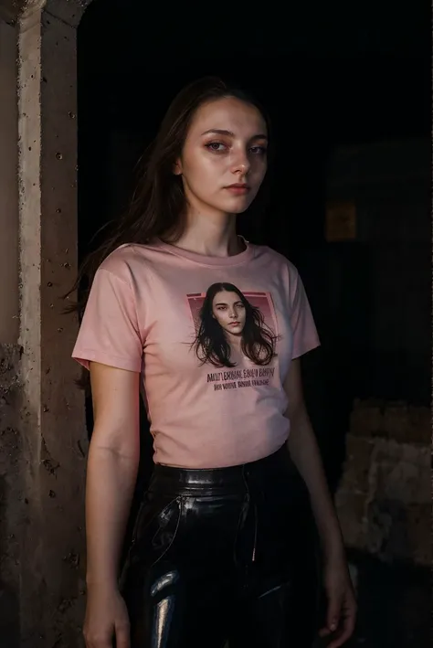 A stunning intricate full color portrait of a beautiful woman, wearing a pink t-shirt, in a blacked-out crypt, , epic character composition,by ilya kuvshinov, alessio albi, nina masic,sharp focus, subsurface scattering, f2, 35mm, film grain <lora:LucidLavender:1>