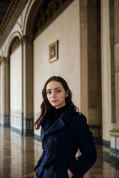 Instagram picture of a beautiful woman, wearing a navy blue coat, Uffizi Gallery, Florence, HDR Foto, epic character composition,by ilya kuvshinov, alessio albi, nina masic,sharp focus, subsurface scattering, f2, 35mm, film grain <lora:LucidLavender:1>