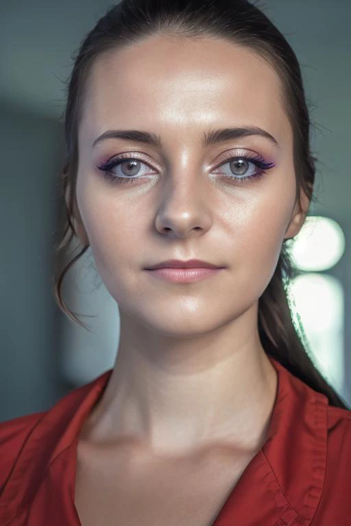 A stunning intricate full color portrait of  a (cute) woman,wearing a nurse uniform, in hospital, serious look, epic character composition,by ilya kuvshinov, alessio albi, nina masic,sharp focus, natural lighting, subsurface scattering, f2, 35mm, film grain, 25 years old , closeup, portait, very detailed skin texture  <lora:LucidLavender:1>