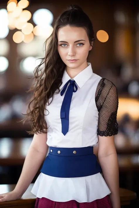 A stunning intricate full color portrait of a (cute) woman,wearing a waitress outfit, in a restaurant, serious look, epic character composition,by ilya kuvshinov, alessio albi, nina masic,sharp focus, natural lighting, subsurface scattering, f2, 35mm, film grain, 25 years old , closeup, portait, very detailed skin texture <lora:LucidLavender:1>