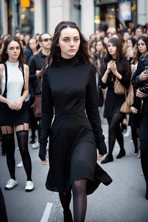 A stunning intricate full color portrait of a (cute) woman,wearing a long high neck black dress, crowded street, spectators, serious look, epic character composition,by ilya kuvshinov, alessio albi, nina masic,sharp focus, natural lighting, subsurface scattering, f2, 35mm, film grain, 25 years old (stockings) <lora:LucidLavender:1>