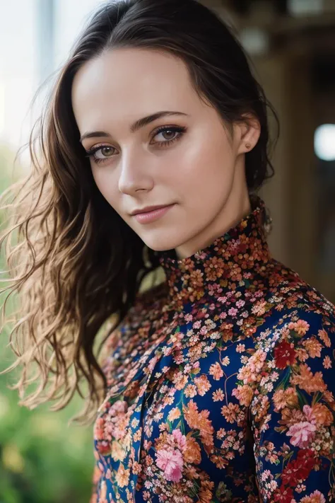 A stunning intricate full color portrait of a (cute) woman,wearing a floral high neck blouse, happy, epic character composition,by ilya kuvshinov, alessio albi, nina masic,sharp focus, natural lighting, subsurface scattering, f2, 35mm, film grain, 25 years old <lora:LucidLavender:1>