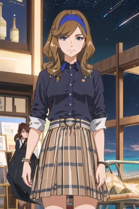 best quality, masterpiece, highres, solo, {night:1.10}, {starry sky:1.10}, beach, beautiful detailed sky, {extremely detailed background:1.20}, {himekawa_mizuho_birdiewinggolfgirlsstory:1.15}, {standing:1.10}, looking at viewer, {bikini:1.30}, brown_hair, long_hair, hairband, blurry, closed_mouth, blue_eyes, light smile