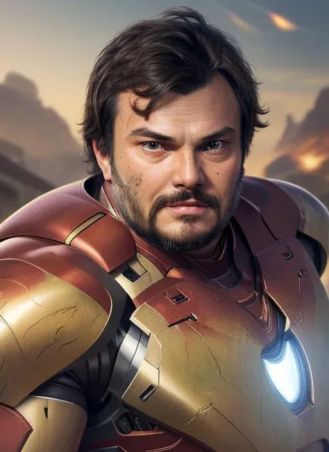 photo of  jb1, man, in iron man suit, photorealistic painting,  portrait, stunningly attractive(extremely detailed 8k wallpaper), highly detailed face, intricate, 8k, highly detailed, volumetric lighting, digital painting, intense, sharp focus, art by artgerm and rutkowski and alphonse mucha, cgsociety,  vibrant, dynamic atmosphere, photorealistic, closeup 
 <lora:JackBlack:1>