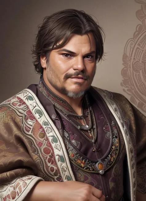 photo of jb1, man, in Bandido Bandana, Embroidered Poncho, Charro Jacket, Silver Buckle Belt, Charro Pants, Huarache Sandals, photorealistic painting, portrait, stunningly attractive(extremely detailed 8k wallpaper), highly detailed face, intricate, 8k, highly detailed, volumetric lighting, digital painting, intense, sharp focus, art by artgerm and rutkowski and alphonse mucha, cgsociety, vibrant, dynamic atmosphere, photorealistic, closeup
<lora:JackBlack:1>