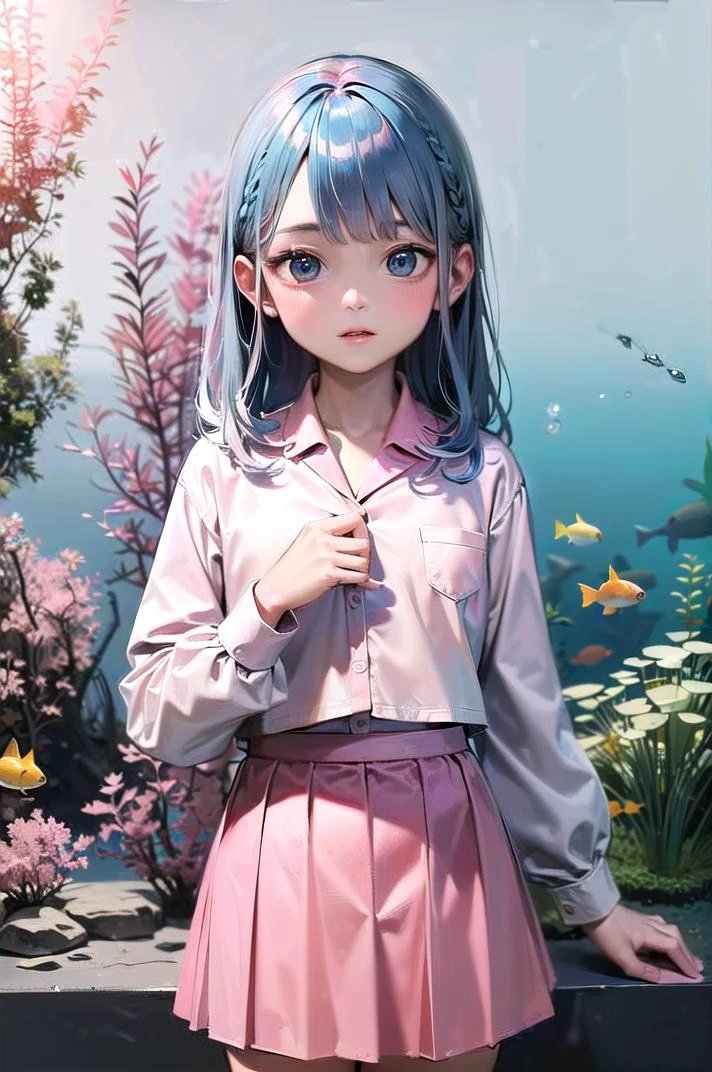 ((((absurdres),(masterpiece),(8K),(highres),(perfect anatomy),(perfect light),(detailed),(directional light))))|||||,
(((character focus))),|||||,
(((cute girl,6 ,shiny skin,slender))),|||||,
(((lovely big eyes,cute eyes,blue eyes,(light blue hair color:1.3)))),|||||,
(((white shirt,(pink skirt:1.3)))),|||||,
(((aquarium,in sea, seaweed))),|||||,
((((look at viewer:1.3)))),
BREAK