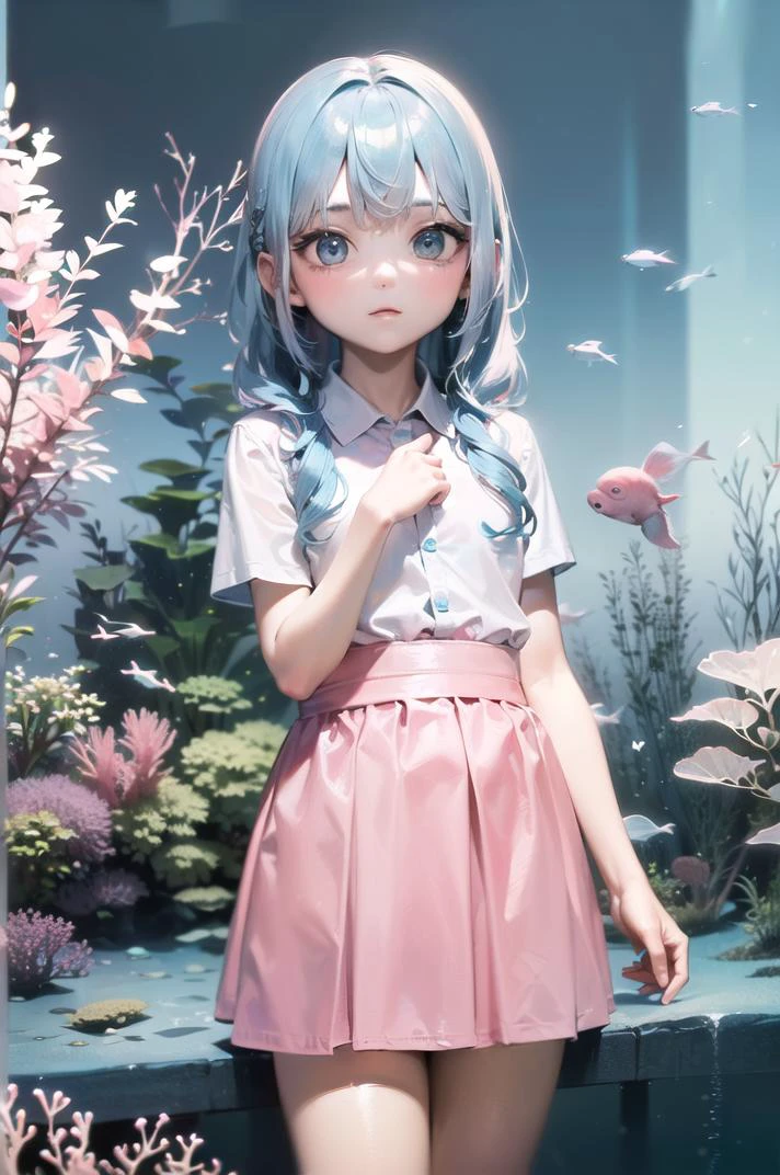 ((((absurdres),(masterpiece),(8K),(highres),(perfect anatomy),(perfect light),(detailed),(directional light))))|||||,
(((character focus,pastel color))),|||||,
(((cute girl,6 ,shiny skin,slender,solo))),|||||,
(((lovely big eyes,cute eyes,blue eyes,(light blue hair color:1.3)))),|||||,
(((white shirt,(pink skirt:1.3)))),|||||,
(((aquarium,in sea, seaweed))),|||||,
((((look at viewer:1.3)))),
BREAK