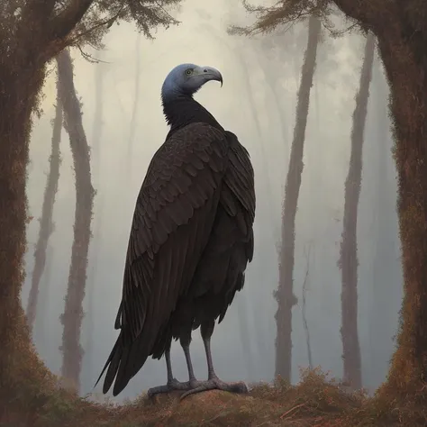 ubiquitous oil painting, portrait, vulture, A quiet, misty forest at dawn