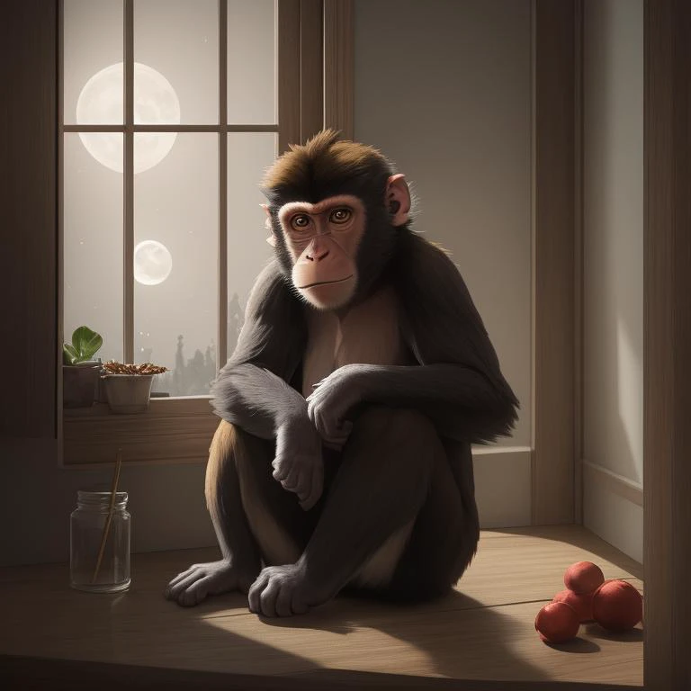 portrait, monkey, moonlight, window light, Expanding, <lora:epiNoiseoffset_v2Pynoise:2>